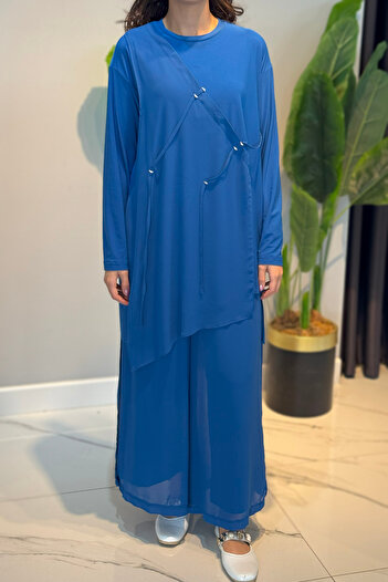 Ceremony Sandy Suit with Half Chiffon Trousers and Chiffon Slit Detail on the Front 59104 Saks
