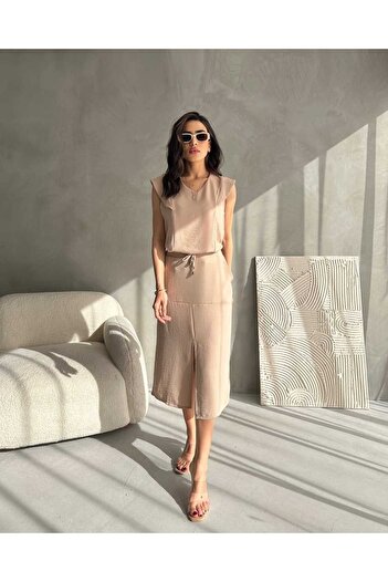Dovil Women's Aerobin Fabric Summer Skirt with Front Slit Double Suit