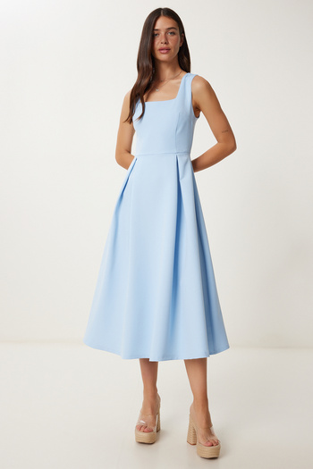 Lovelyİstanbul Rochie midi din țesătură în linie A SKY BLUE LWF0026