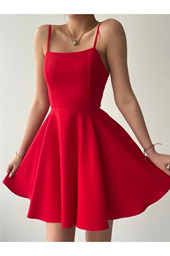 bayansepeti Women's Adjustable Strap Back Tie Design Flared Red Mini Dress 362