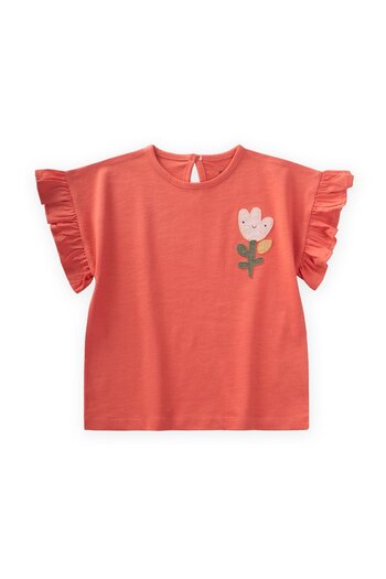 Cigit Tulip Appliqued Girl T-Shirt 1-7 Years Coral