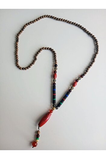 Enjoy Red Natural Stone Handmade Necklace Ethnic Design Wooden Beaded