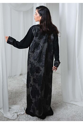 Msquare Fashion Black Nida and Turkey Organza Abaya with Floral Design and Sheila