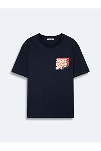 Ltb Short Sleeve Crew Neck Slogan Printed Regular Navy Blue T-Shirt