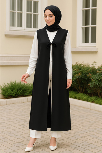Misue Handmade Medina Silk Tie Detail Hijab Vest, Multifunctional Use Pareo Beach Wear, Long Vest