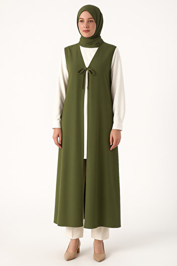 Misue Handmade Medina Silk Tie Detail Hijab Vest, Multifunctional Use Pareo Beach Wear, Long Vest