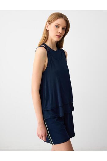 Jimmy Key Layered Dark Blue Sleeveless Blouse