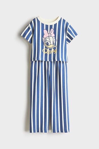 Magu Girls' Cotton Blue Striped Daisy Duck Printed T-Shirt and Pants Set