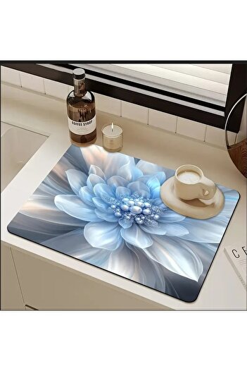 sgeteknoloji 55 CM x 45 CM MAVİ İNCİ ÇİÇEK DESENLİ TEZGAH ÜSTÜ BULAŞIK KURUTMA MATI BULAŞIKLIK KURUTMA ÖRTÜSÜ