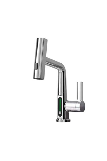 INNOVIX Basin mixer with pull-out sprayer, ceramic cartridge, digital temperature display, silver
