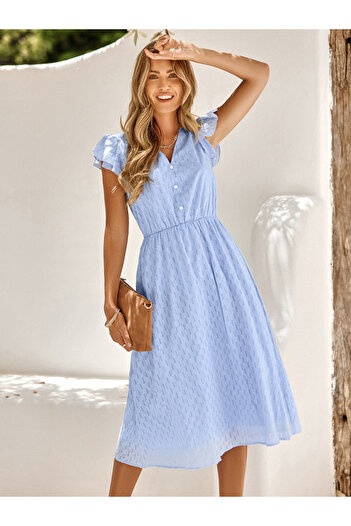 Take Two By Styli Casual Blue Solid Ruffle Sleeve V Neck Midi Dress