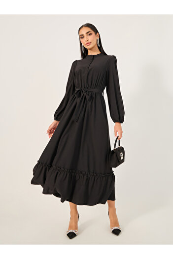 Take Two By Styli Solid Cuffed Sleeves Ruffle Hem Jalabiya