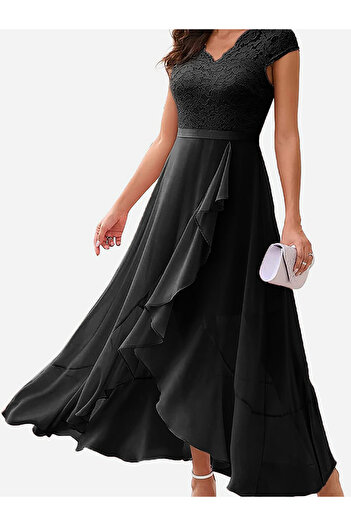 Take Two By Styli Lace Insert Ruffled Detail A-Line Maxi Dress