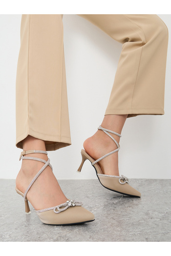 Sneak-a-Peek By Styli Beige Rhinestone Embellished Pointed Toe Ankle Strap Pumps