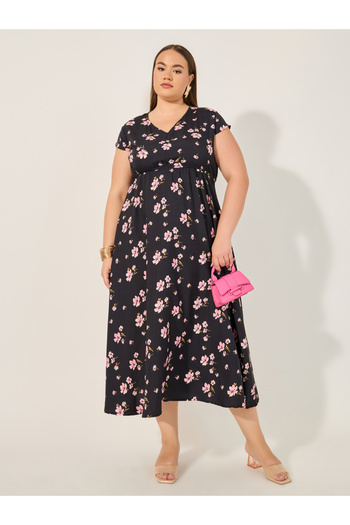 Styli Plus Size Floral Print V Neck A-Line Midi Dress