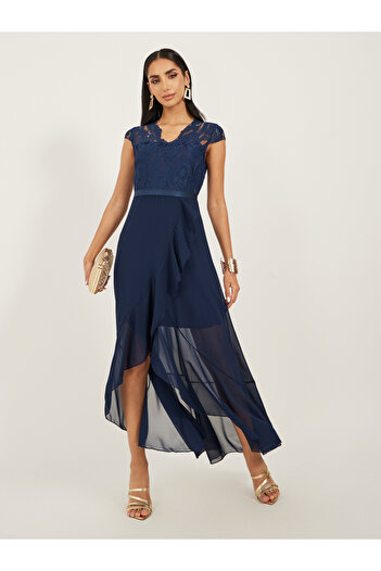 Take Two By Styli Lace Ruffled Asymmetric Hem A-Line Midi Dress