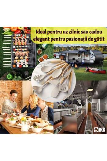 SIKS Set de ustensile de bucătărie premium – 12 piese din lemn și silicon alimentar