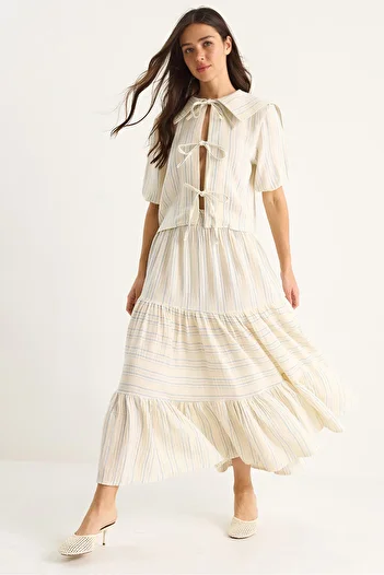 Bianco Lucci Women's Striped Muslin Tie Front Collar Blouse Flounced Skirt Bottom-Top Set 4011 60283424
