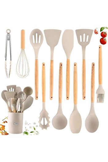 SIKS Set de ustensile de bucătărie premium – 12 piese din lemn și silicon alimentar