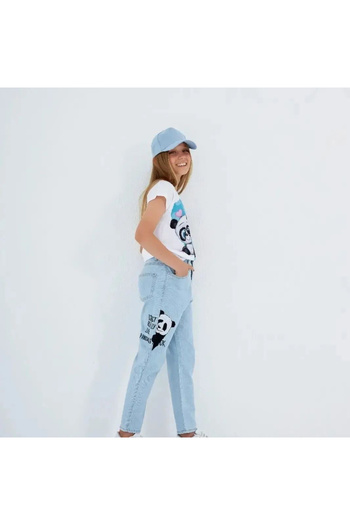 Marka Sensin Kids Girl's Special Design Panda Printed Blue T-Shirt Jeans Pants Hat 3 Piece Set