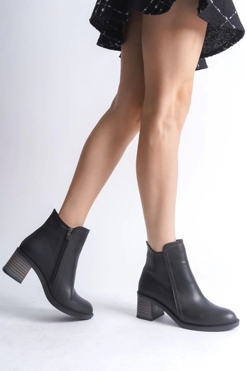 Joy Ayakkabı Larissa Zippered Orthopedic Sole Heeled Women's Boots St - Black