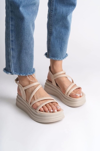 Joy Ayakkabı Natalie Thin Buckle Ribbon Detailed Orthopedic Sole Women's Sandals Ckt - Cream