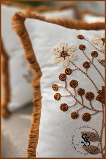 SasoHome Beauty Flowers Punch Embroidery Patterned Linen Throw Pillow Cover