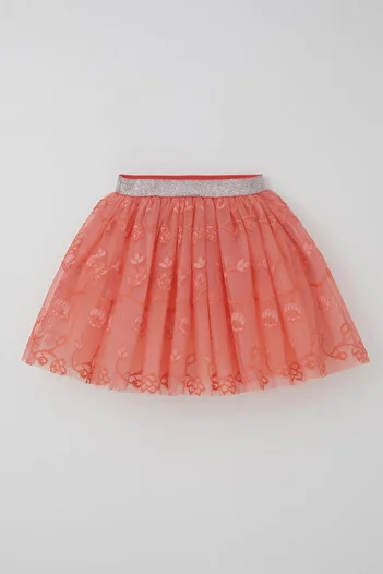 Breeze Girl's Tutu Skirt with Flower Embroidery, Elastic Waist, Glitter, Age 5-10, Salmon