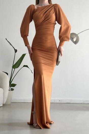 Modafeminen One Shoulder Open Detail Imported Crepe Fabric Maxi Size Long Sleeve Dress Brown 582307