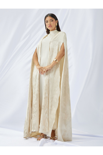 Styli Stand Collar Satin Inner Dress with Jacquard Cape Abaya Set