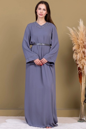lodmela Casual Form Dress with Collar and Sleeve Embroidery Detail 1015-Grey