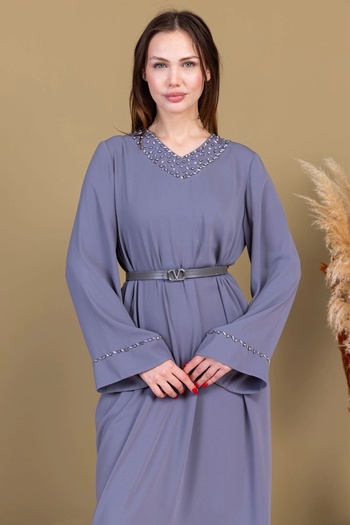 lodmela Casual Form Dress with Collar and Sleeve Embroidery Detail 1015-Grey