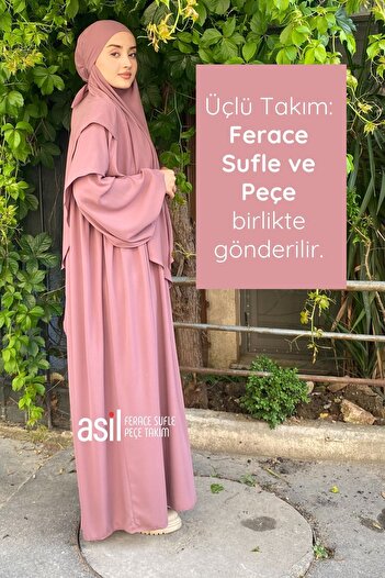 ASİLNUR Asil Ferace Souffle Veil Set Dusty Rose