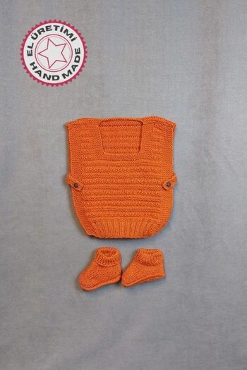 Uretti - Talia 8659 2067 Hand Knitted Boy's Brick Color Sweater - Booties Set - 12-18 Months