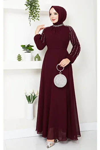 InStyle Burgundy Chiffon Evening Dress with Stones and Sequins on the Sleeves