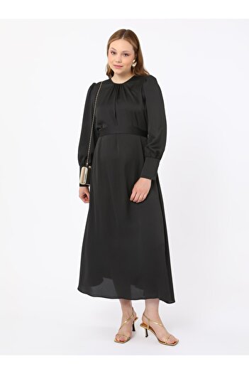 ALİA Φόρεμα με σατέν ύφασμα με μπαλόνι μανίκια Plus Size - Μαύρο - Alia