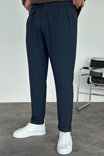 MADZEYMODA Men's Pleated Double Leg Navy Blue Fabric Trousers Ke-1021