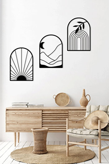 Artavessa Set de pictură MDF tăiată cu laser cu tematică de munți și apus de soare într-o vază din 3 piese - Model 3