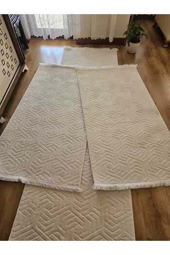 AKSU DİNARSU armoni saçaklı modern yıkanabilir embos 3lü yatak odası takımı kaymaz taban(80X250)(80X150)