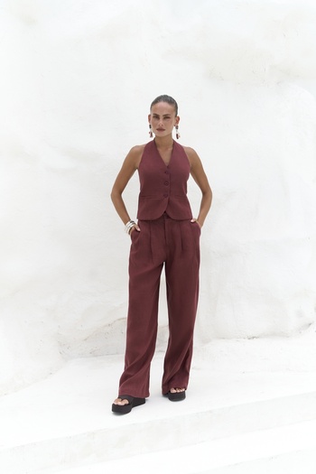 BOHEMAİ Set pantaloni vestă din in burgundă Dena