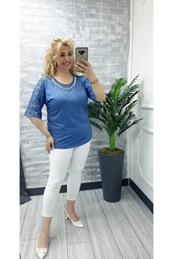 Esina Kadın Dantel ve İnci Kolye Detaylı Yarım Kol Viskon Bluz