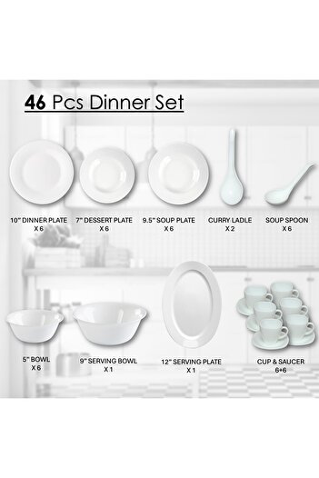 Houzi 46 Pcs Opal ware Dinner set Dinner,Soup Dessert plate Bowls Serving bowl & plate cup & saucer