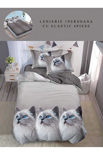 CHIRASO Finet CHIRASO 1 Person Bedding Set, 4 pieces, Fitted Sheet 140x200, cats