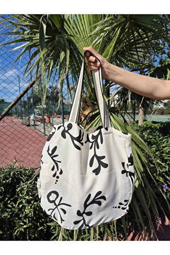 Mia Pera Beach Bag Ecru Ground Black Floral Patterned Raw Linen Hanging Bag
