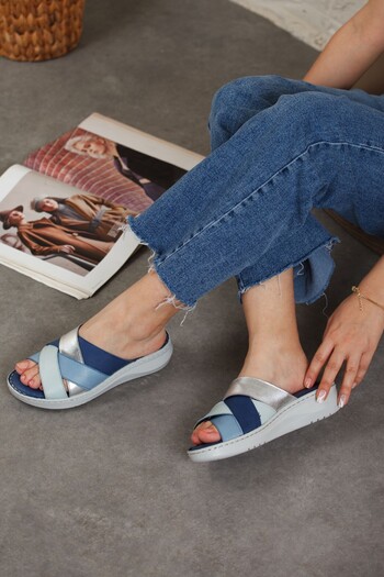 DERİMİSS Women's Genuine Leather Extra Padding Heeled Orthopedic Slippers