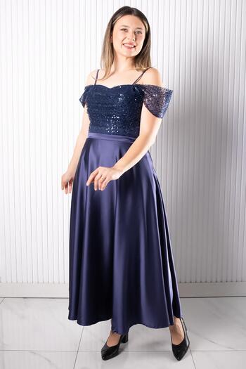 SUBU TASARIM Strap Sequin Satin Evening Dress Navy Blue Tbs386