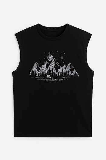MARKAPIA Men's Crew Neck Printed Black Sleeveless T-Shirt