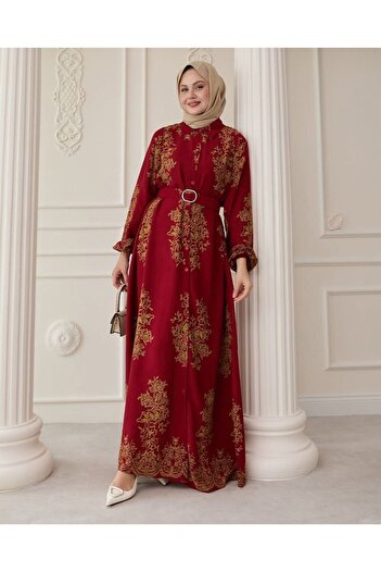 QUAWEAR Shirt Collar Sleeve Mouth Elasticized Buttoned Belted Viscon Fabric Full Length Dress