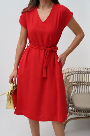 Paw Garage Women's Harber V-Neck Belted Dress Ayrobin Fabric, New Season Summer