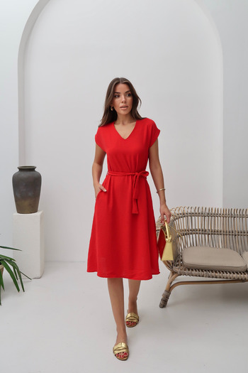 Paw Garage Women's Harber V-Neck Belted Dress Ayrobin Fabric, New Season Summer